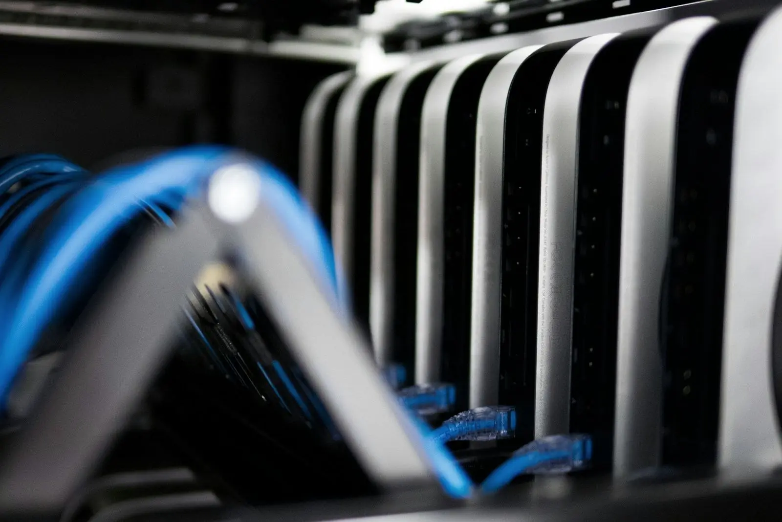 Sheet-metal cable managers and overhead power distribution in a data center (stock photos)